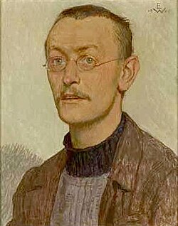 Painted portrait of a white man with short hair, small round glasses, and a moustache, wearing a turtleneck and a brown coat.