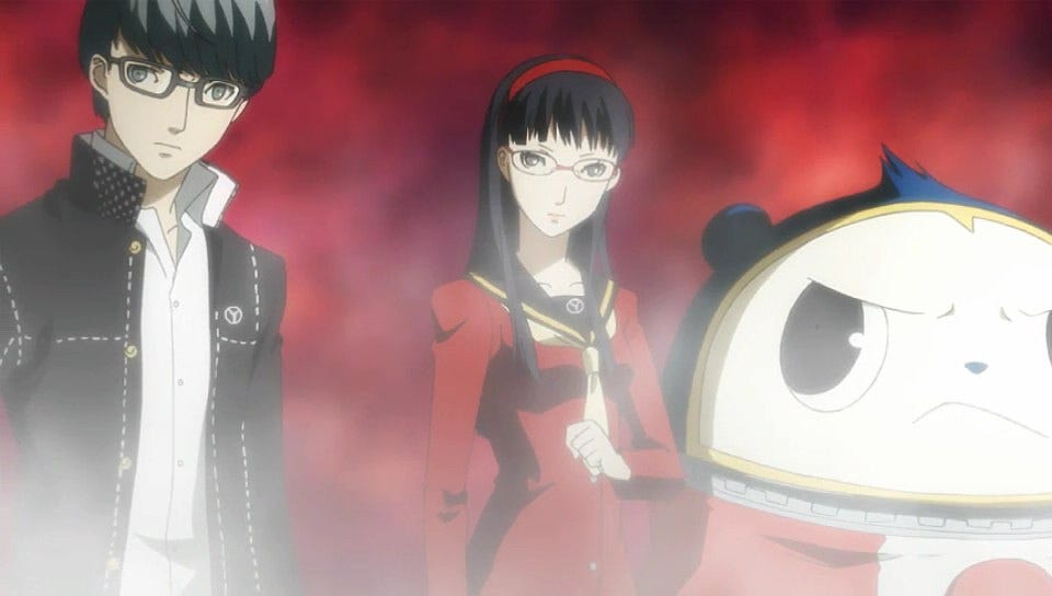 Still from Persona 4 The Animation, featuring two regular-looking anime characters alongside a human-sized teddy bear.
