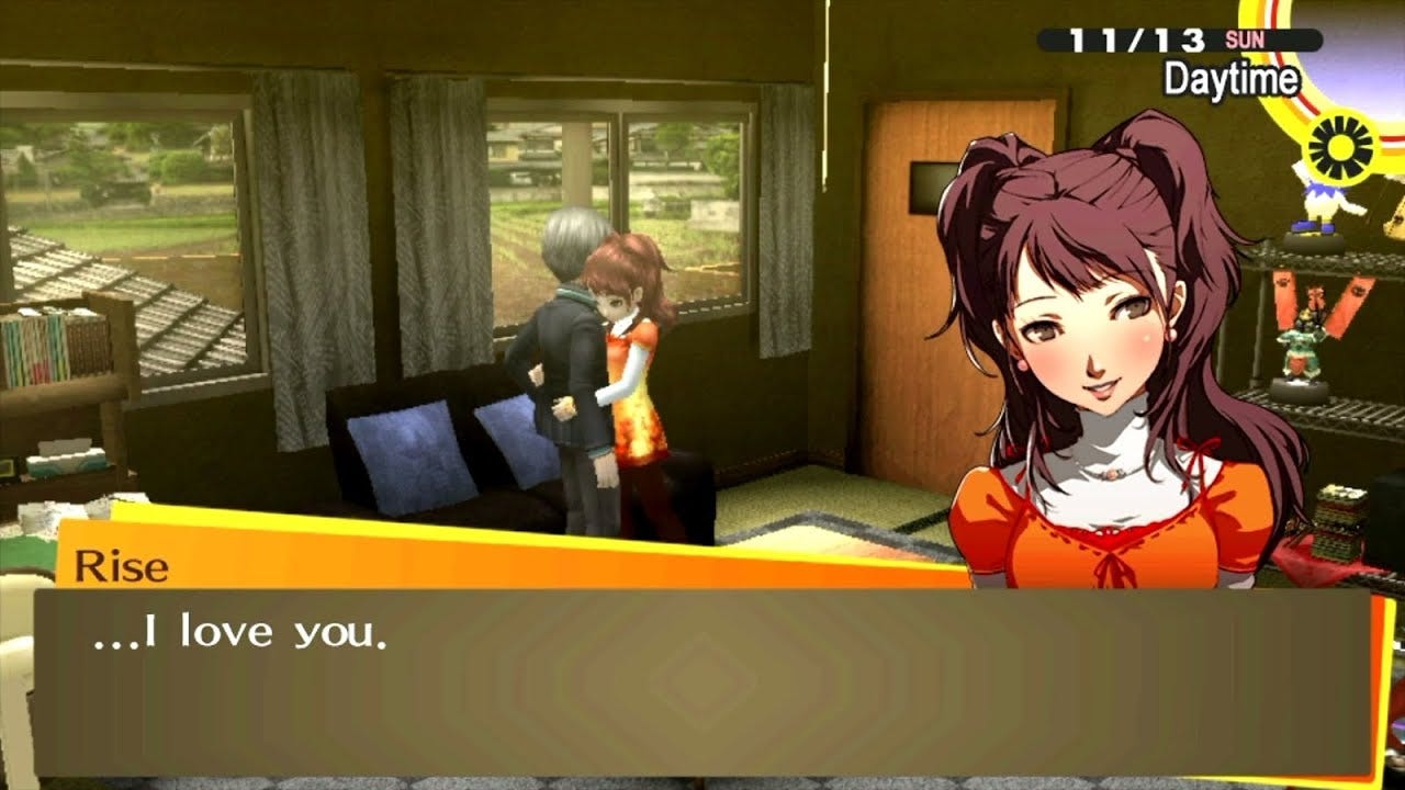 Rise Kujikawa blushing and telling the main character, 'I love you.'