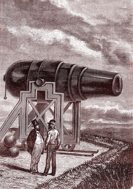 Illustration of two men standing next to a large cannon