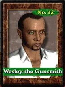 In-game trading card depicting Wesley the Gunsmith; a black man with cropped hair and a goatee, wearing a white collared shirt